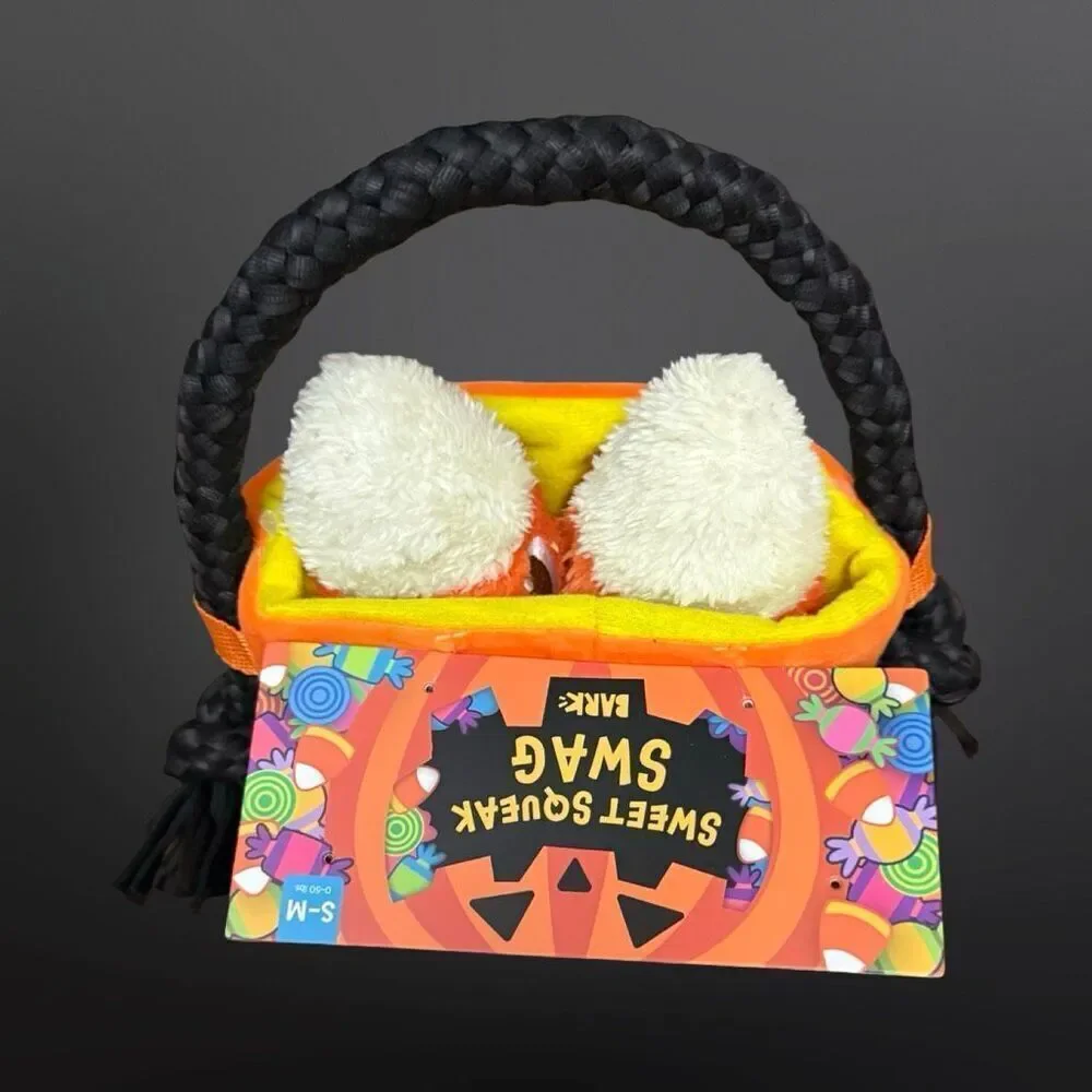 NEW Bark Box Fall Sweet Squeak Swag Bag Candy Corn Pumpkin Plush Basket